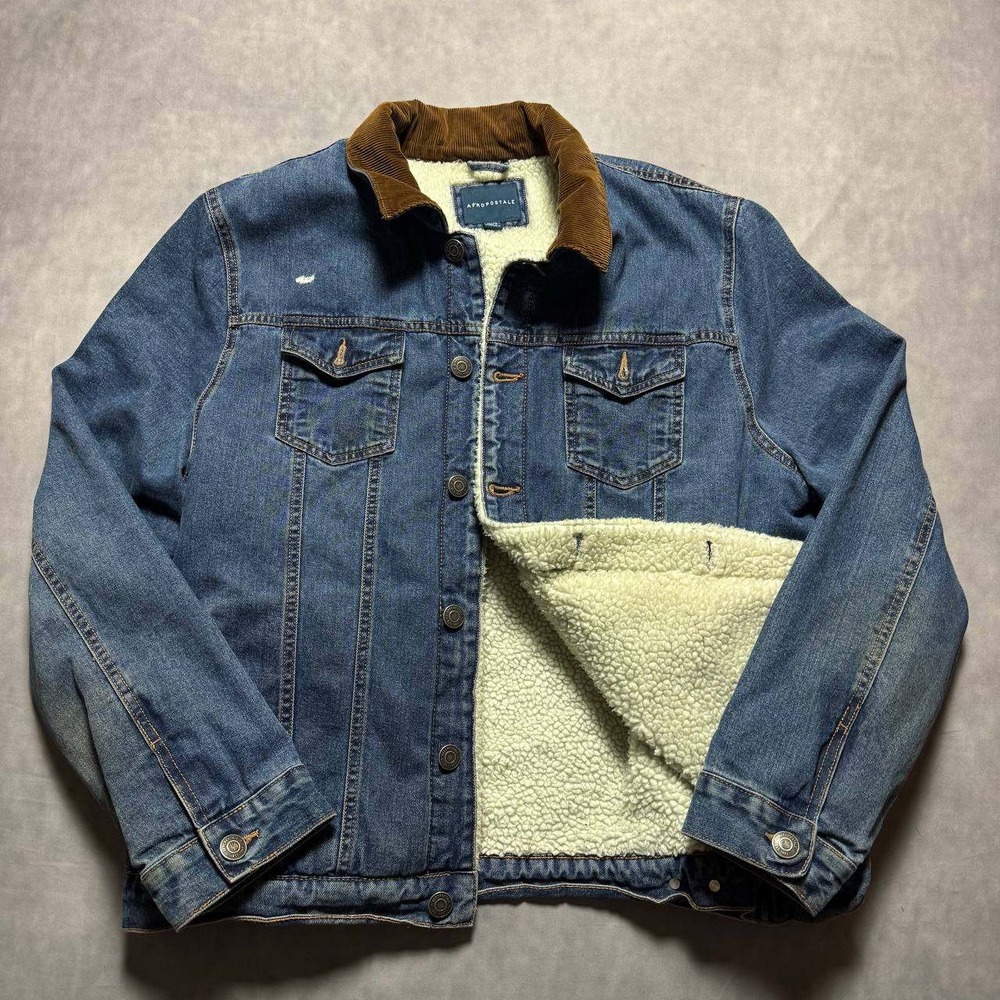Aeropostale Denim Jacket Mens XL Blue Sherpa Lined Corduroy Collar Fair Trucker